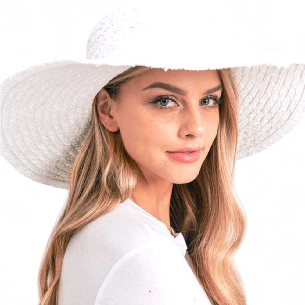 White Wide Brim Frayed Straw Floppy Hat